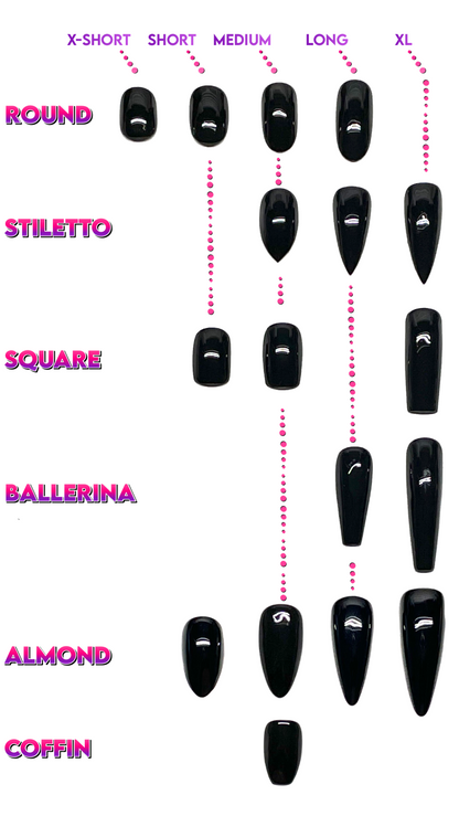 press-on nail shapes and sizes that are short, medium, long, square, round, stiletto, coffin, ballerina, and almond shape